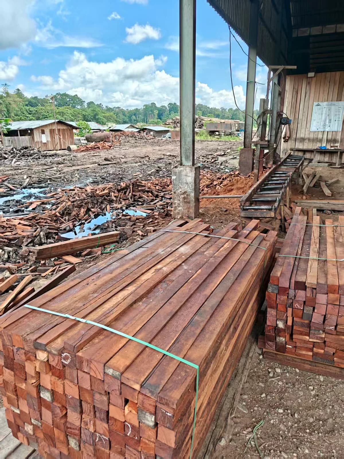 Timber processing factory production workshop โ sawmill with stacked hardwood beams and processing machinery
