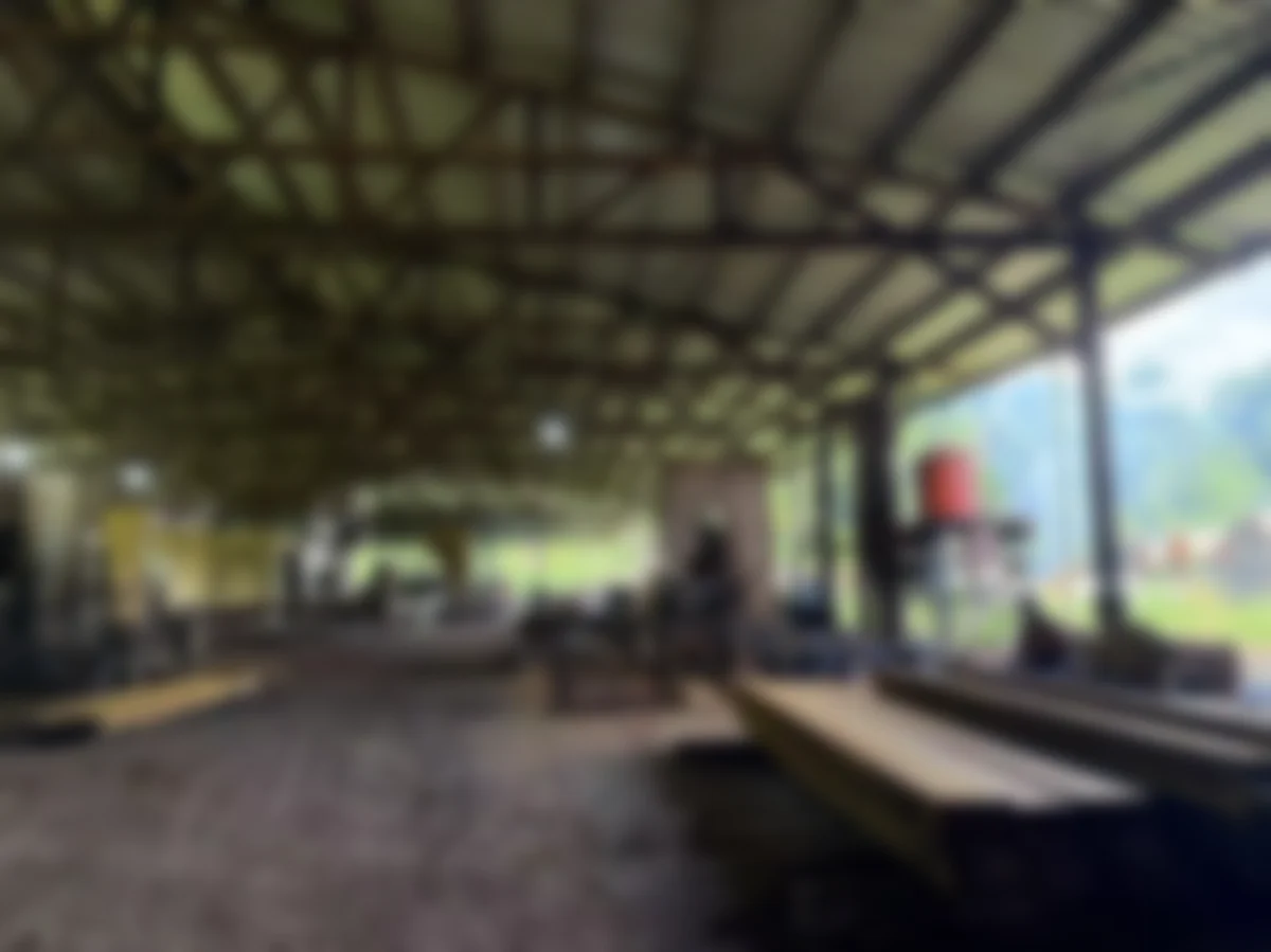 Outdoor sawmill workshop โ industrial lumber processing facility with band saw stations